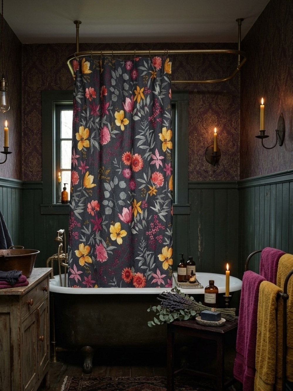 Tahari Home Dark Moody Floral Cotton Blend Shower Curtain - 72x72 Cottagecore